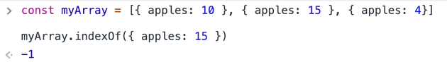 what happens when you get the index of an object in an array in JavaScript without referential equality