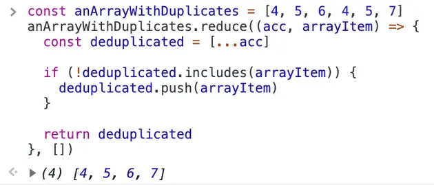 How to remove duplicates from an array in JavaScript using reduce with include