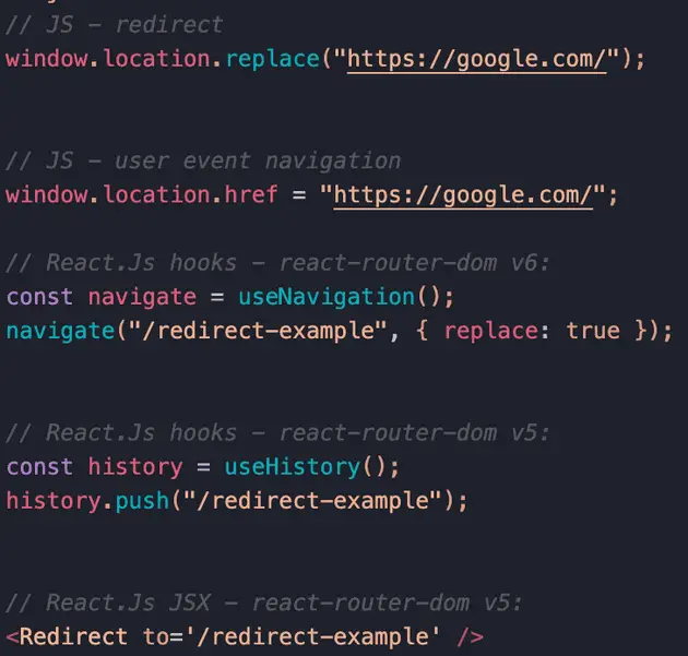 How to redirect in ReactJs cheat sheet - js, react-router-dom v5 & v6
