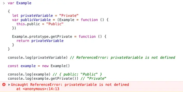 Emulating private members (private variables) trying to access private variable out of scope