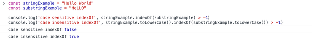 output of example with indexOf method to check for substring in JavaScript
