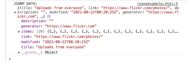 output from example of JSONP in JavaScript in the flikr api feed